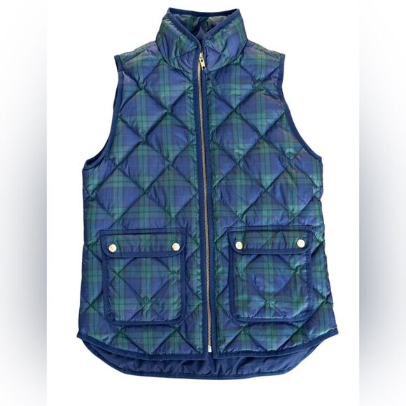 J. crew Navy Green down fill Plaid Zip Up quilted Vest Snap Pockets XS waterfowl - Picture 6 of 8